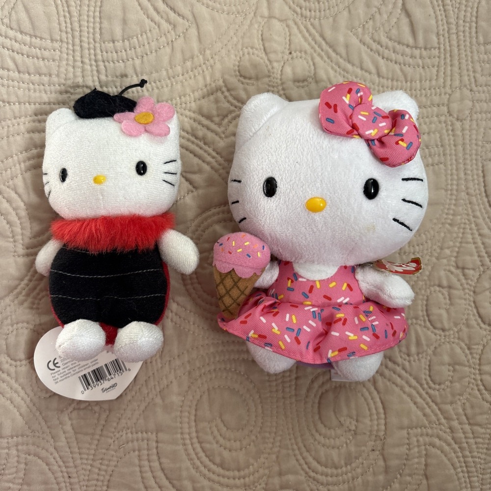 Hello Kitty Sanrio Ladybug & TY Hello Kitty With Ice Cream Cone Plush Lot Of 2